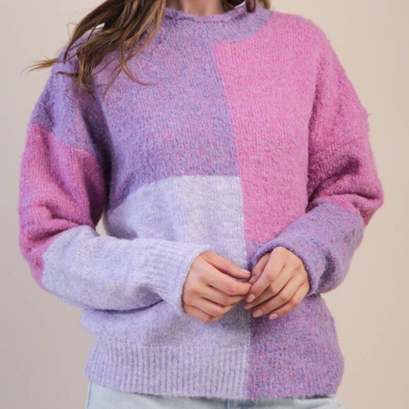 Very J ECO Oversized Purple Color Block Cozy Knit Sweater Top - Picture 3 of 7